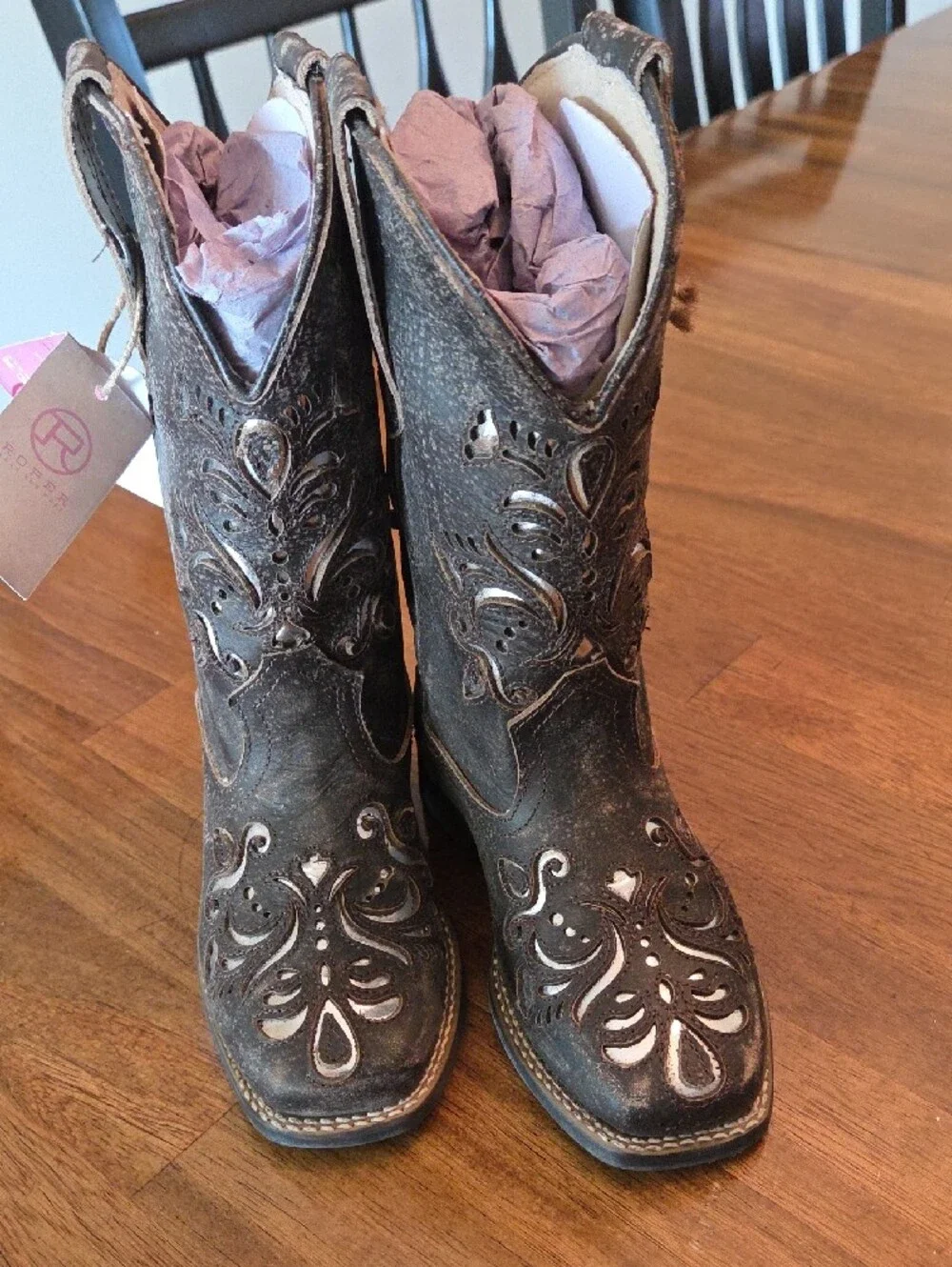 Roper Girls Belle Western Boots Metallic Silver Underlay